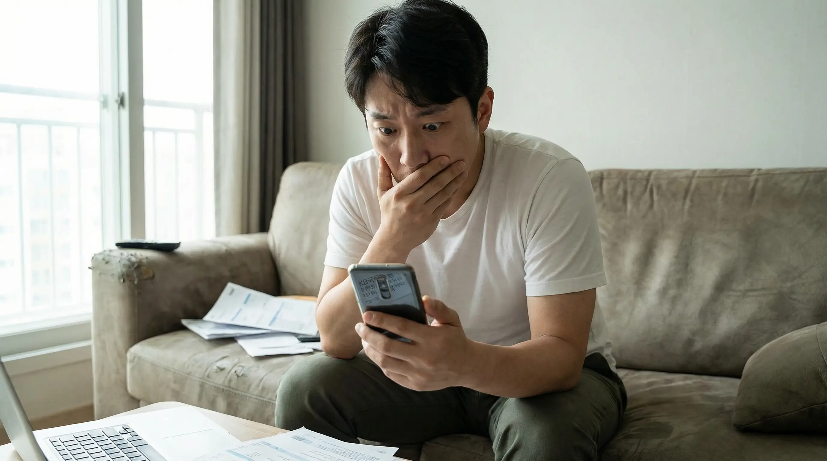 스마트폰으로 대출 만기 연장 거절 문자를 확인하고 당황스러워하는 사용자의 모습