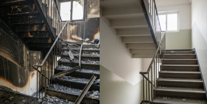 공용구역 화재 청소 후 복구중