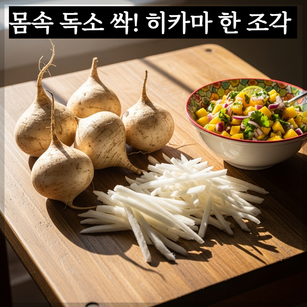 따스한 햇살이 비치는 밝은 주방 테이블 위에 놓인 싱싱한 히카마 덩이줄기와 아삭하게 채 썬 히카마 조각들, 그리고 망고 살사가 담긴 그릇이 있는 치유 분위기의 실사 이미지