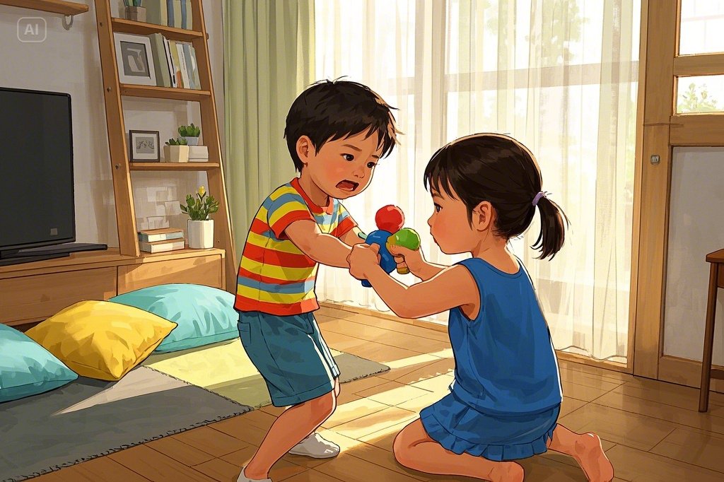 형제자매가 거실에서 장난감을 두고 다투는 모습, 갈등이 반복되는 가정 분이기