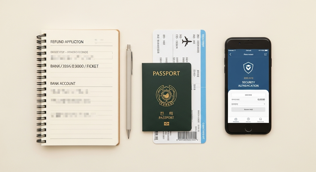 환급 신청에 필요한 준비물이 가지런히 정리된 책상 위