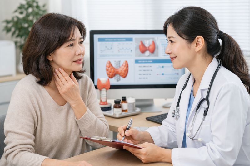 중년 여성이 의사와 상담하며 갑상선 피로 증상에 대해 진료받는 모습