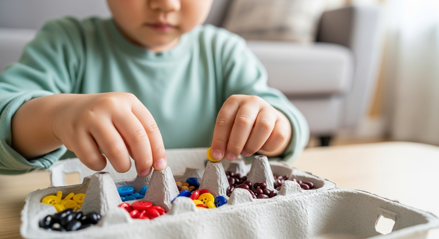한국 아이가 재활용 달걀판에 단추와 콩을 분류하며 소근육을 발달시키는 모습