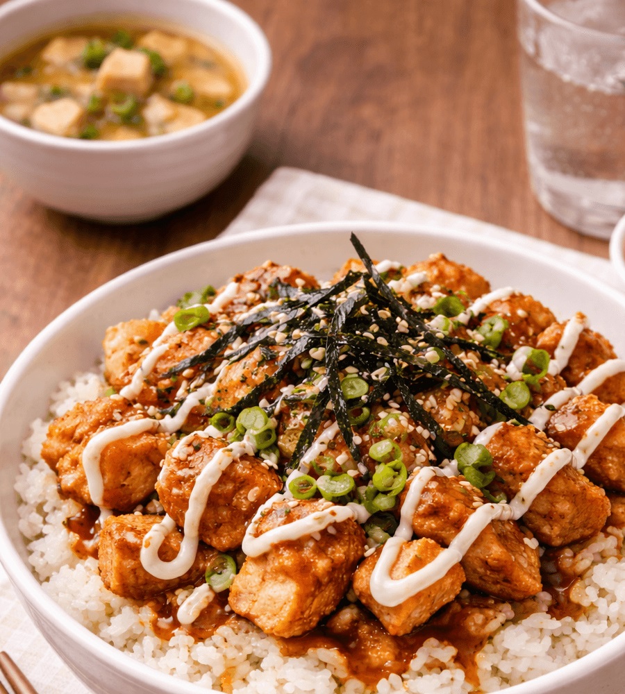 흰 쌀밥 위에 매콤한 양념 두부 튀김과 마요네즈, 김가루, 쪽파가 올라간 일본식 두부 덮밥