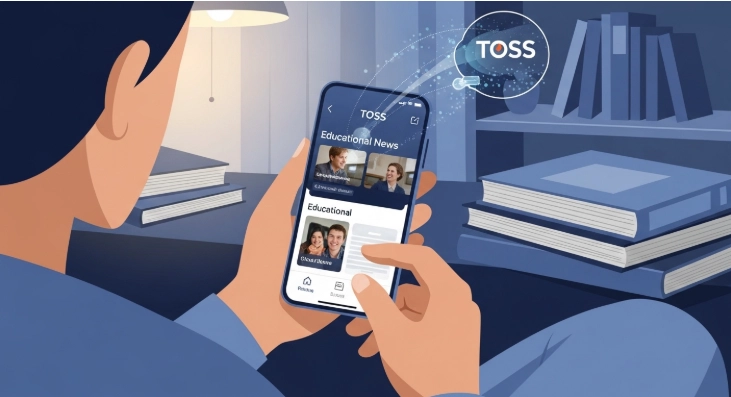 스마트폰으로 토스 앱의 금융 뉴스 및 학습 콘텐츠를 보며 투자 지식을 쌓는 사람의 모습입니다.