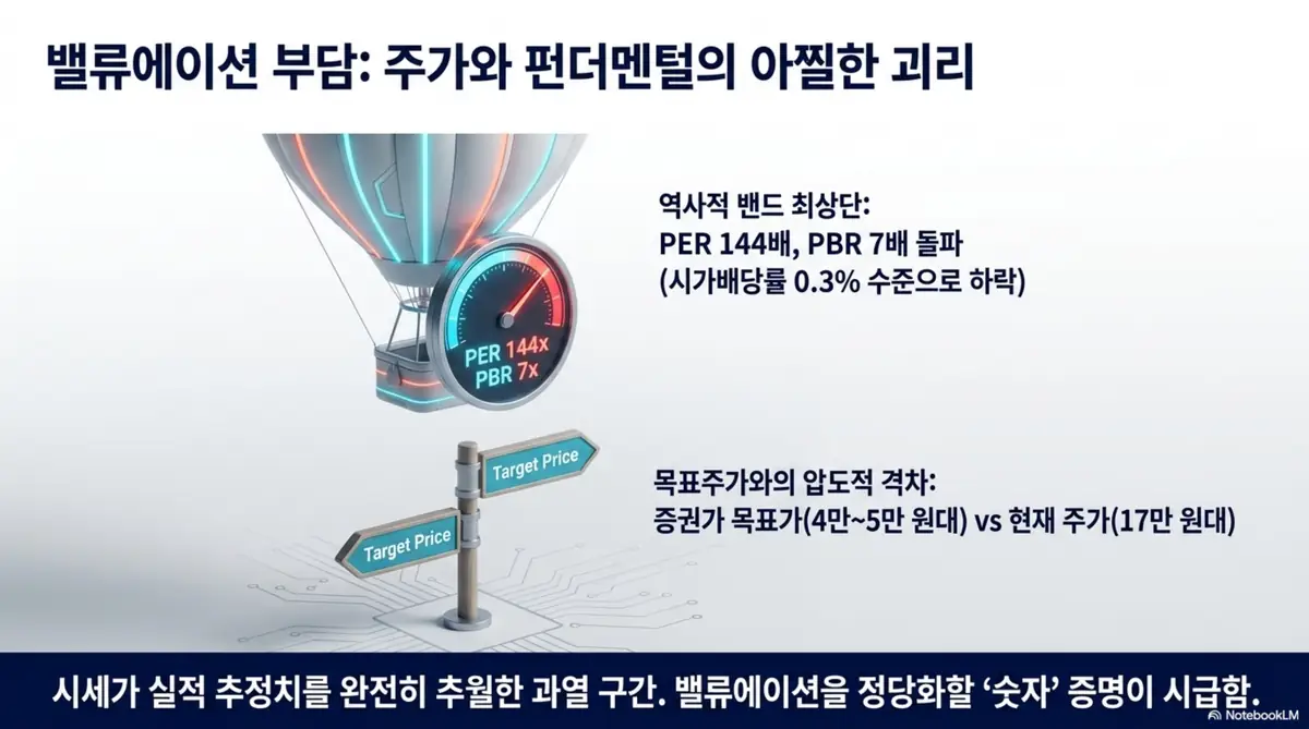 삼화콘덴서 주가 전망: 삼화콘덴서의 밸류에이션 부담과 목표주가 괴리를 보여주는 인포그래픽. PER 144배·PBR 7배로 역사적 밴드 최상단을 돌파했고, 증권가 목표주가 4만~5만 원대와 현재 주가 17만 원대의 압도적 격차를 시각적으로 설명함