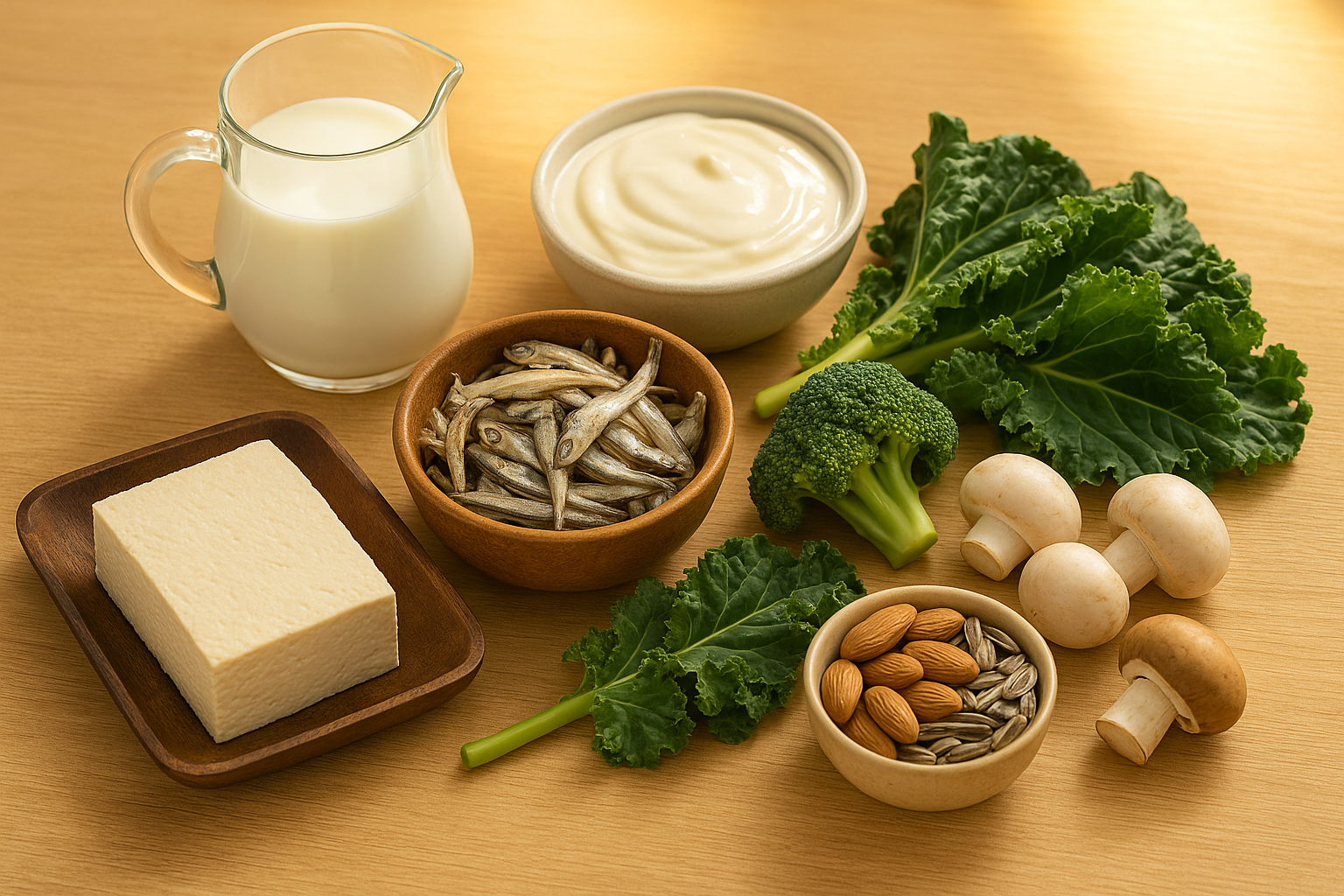 뼈 건강에 좋은 우유, 요거트, 멸치, 두부, 브로콜리, 시금치, 버섯, 해바라기씨