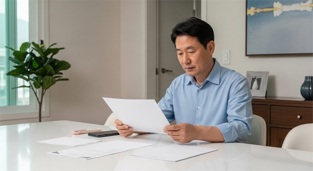 집 식탁에서 출력한 증명서와 다른 서류를 비교하는 장면