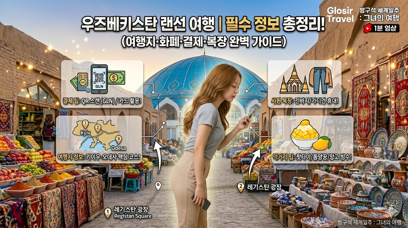 우즈베키스탄 타슈켄트의 차르수 바자르(전통 시장)에서 화려한 세라믹 도자기를 구경하는 이미지. 한국 여성 여행자(165cm, 52kg)가 그레이 반팔티와 베이지색 바지 차림으로 허리를 살짝 숙여 호기심 있게 물건을 살피는 전신 옆모습이 담겨 있다. 이미지 곳곳에는 우즈베키스탄 환전(숨), 교통(얀덱스), 복장, 인사말 등 여행 실전 꿀팁이 인포그래픽 아이콘과 함께 정리되어 있다.