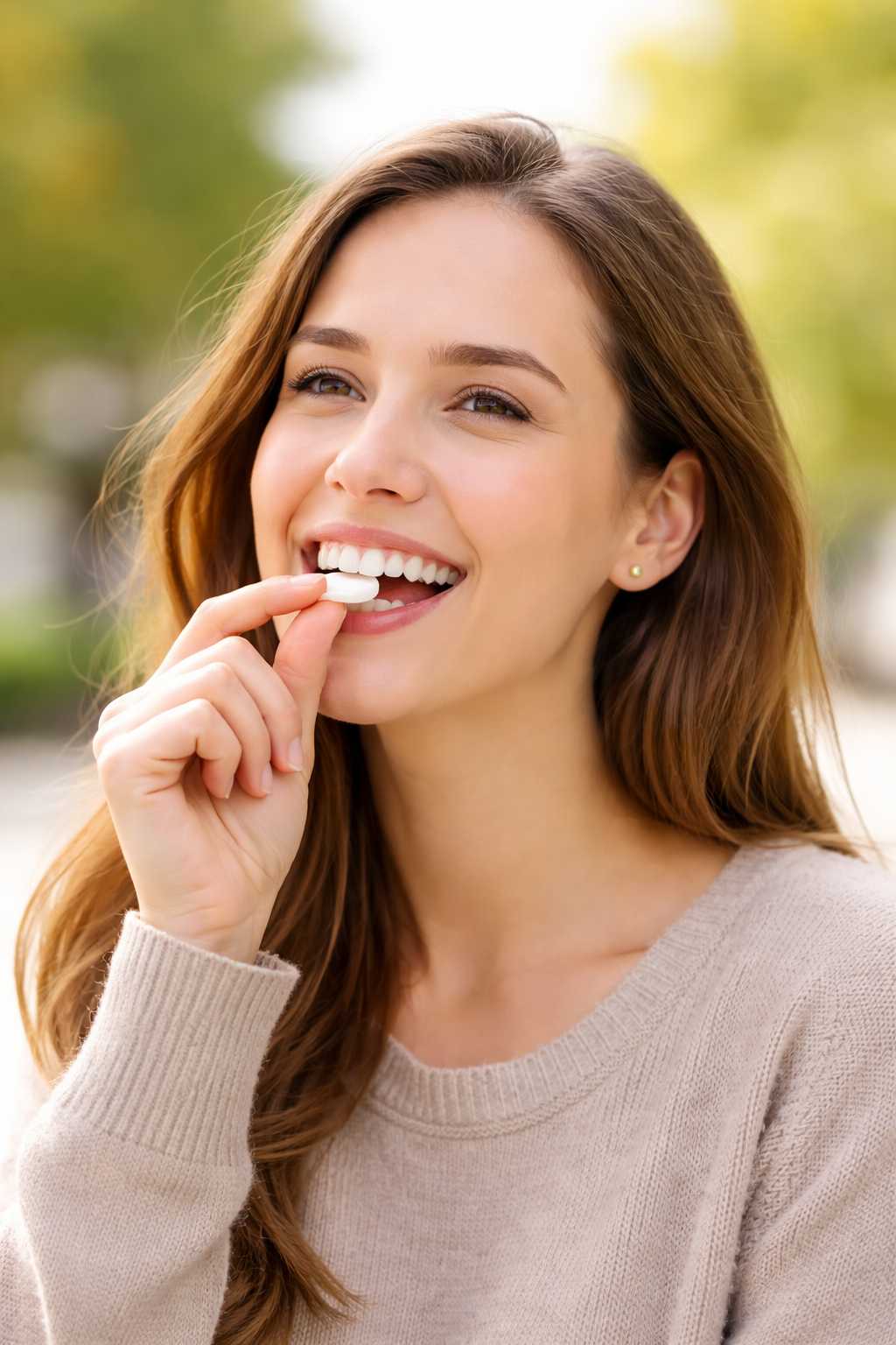 껌을 씹으려는 여성의 모습