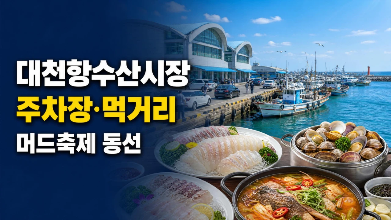 대천항수산시장과 주차장, 회와 조개찜 등 먹거리를 표현한 대표이미지
