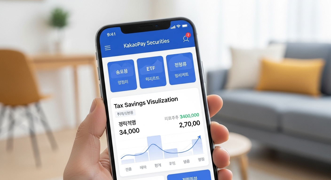 카카오페이증권 앱이 보이는 스마트폰 화면. 앱에는 펀드, ETF, 주식 등 다양한 투자 상품과 세금 절감 효과를 시각적으로 보여주는 그래프가 표시되어 있어 모바일 앱의 편리성을 강조합니다.