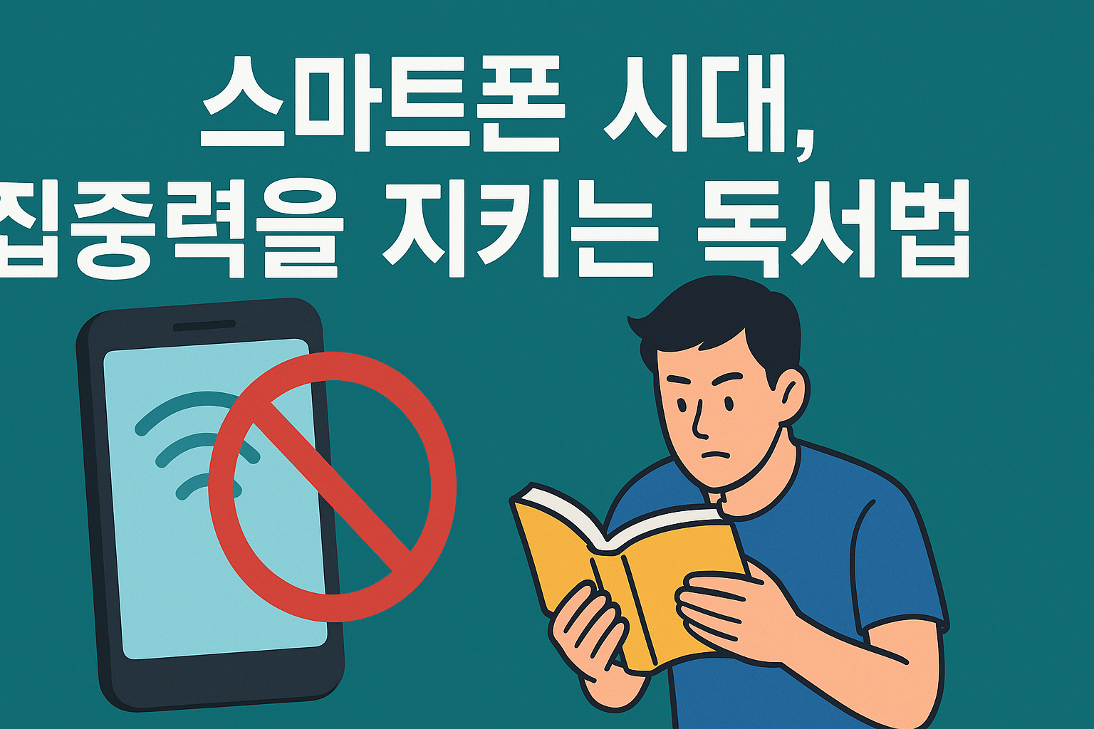 스마트폰 차단 아이콘과 책을 읽는 사람의 일러스트
