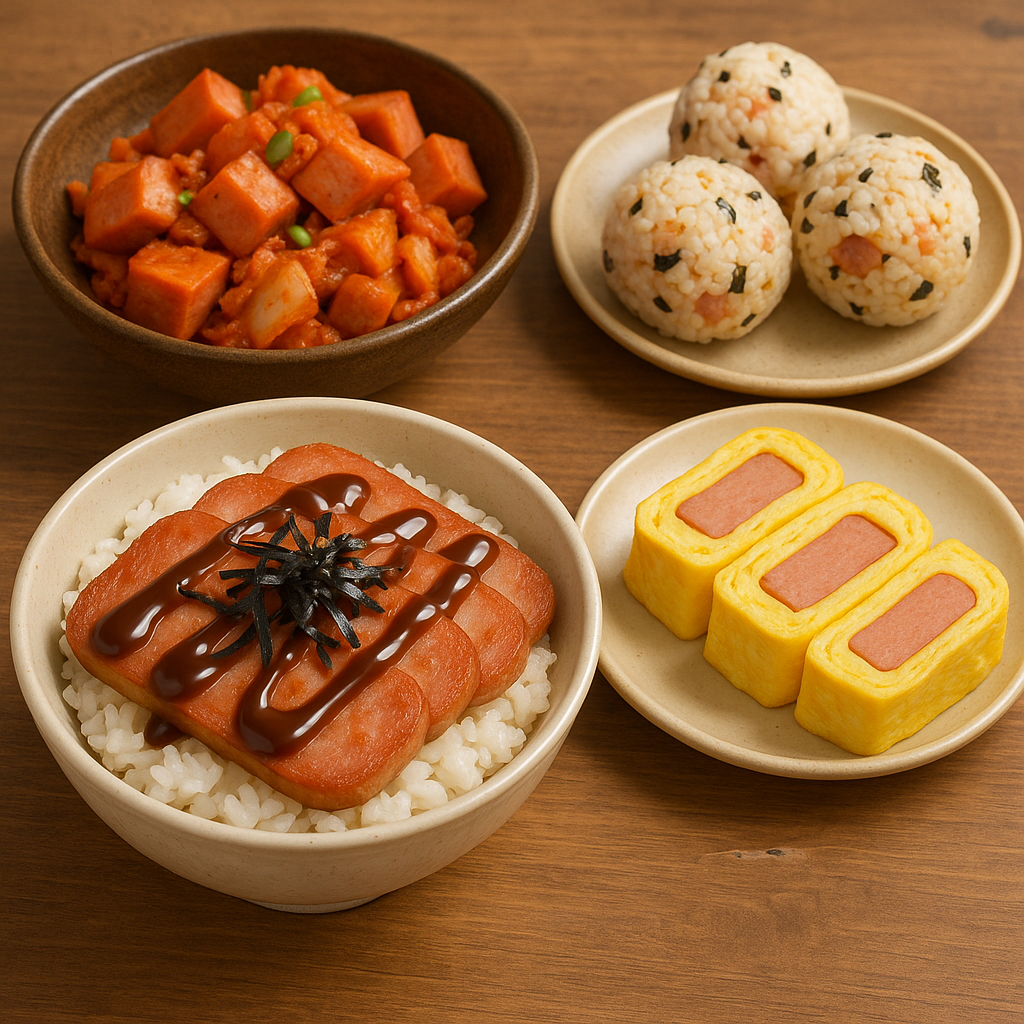 스팸마요덮밥, 스팸계란말이, 스팸김치볶음, 스팸주먹밥을 상에 차리는 모습