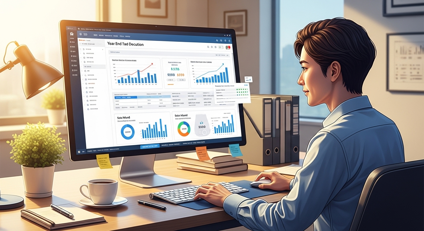 한국 직장인이 모니터 앞에서 홈택스 연말정산 미리보기 데이터를 분석하며 환급 시뮬레이션을 진행하는 모습의 밝고 전문적인 디지털 아트 이미지
