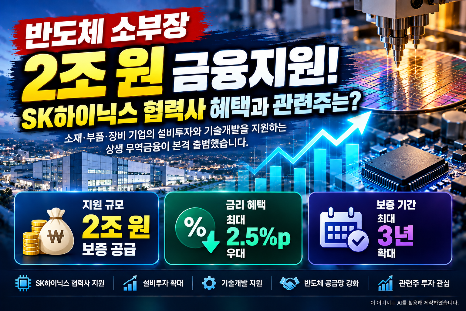 2026년 정부와 SK하이닉스가 출범한 반도체 소부장기업 2조 원 상생 무역금융 지원사업으로, 협력사 대상 최대 2.5%포인트 금리 우대와 3년 보증, 국내 반도체 소재·부품·장비 관련주에 미치는 영향을 안내하는 대표 이미지.