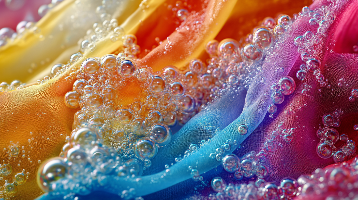 삼성의 에코버블 기술이 다양한 색상의 직물 속으로 깊이 침투하여 작동하는 모습입니다.