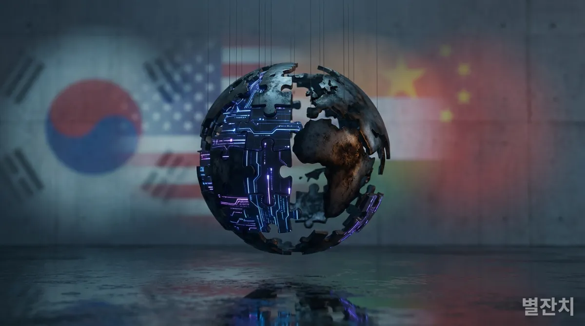 글로벌 긴장과 분쟁을 상징하는 파편화된 지구
