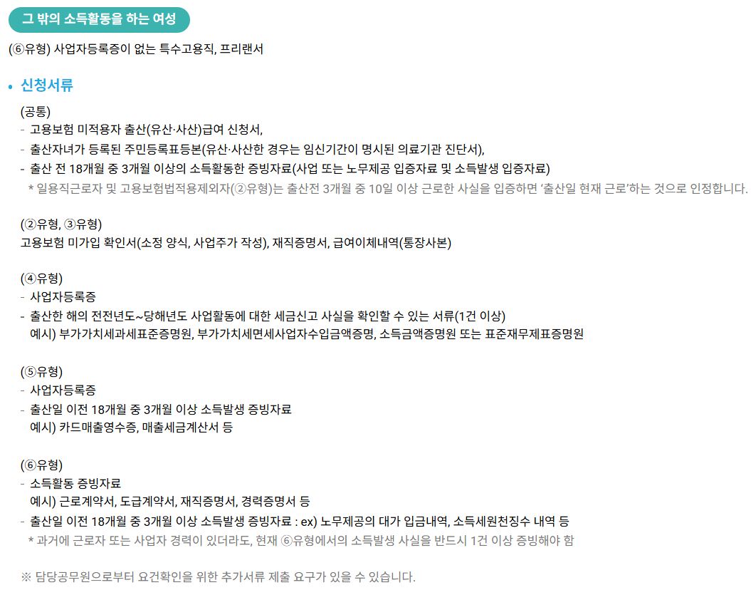 출산일 현재의 소득 활동 유형 중 '그 밖의 소득활동을 하는 여성'에 해당하는 설명사항