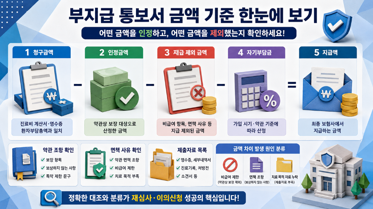 청구금액, 인정금액, 지급 제외 금액, 자기부담금, 지급액의 차이와 약관 조항&middot;면책 사유&middot;제출자료 목록을 함께 설명한 부지급 통보서 금액 기준 인포그래픽