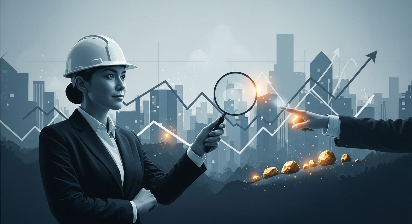 2025년 하락장에서 부동산 투자 기회를 탐색하는 분석적인 투자자의 모습. 차분한 표정의 투자자가 침체된 시장 속 빛나는 기회를 발견하는 상징적인 이미지.