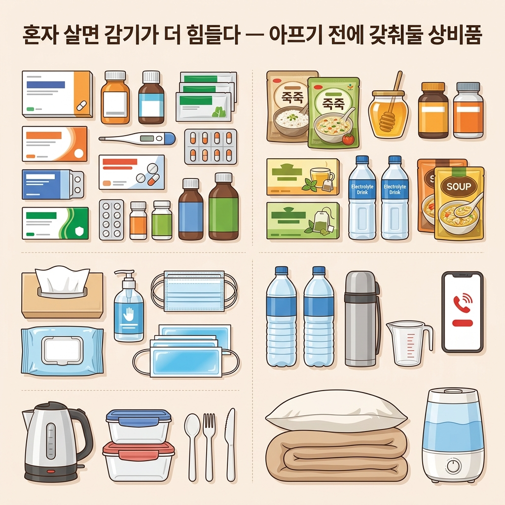 혼자 사는 사람이 감기에 걸렸을 때 진짜 필요한 것은 따로 있습니다. 약품류, 식품류, 생활용품류로 나눠 각 품목의 선택 기준과 이유를 함께 정리했습니다.