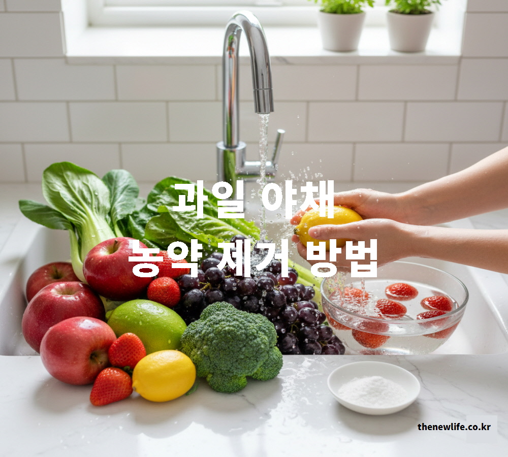 크대에서 다양한 신선한 과일과 채소를 흐르는 물에 씻으며 과일 야채 농약 제거 방법을 실천하는 모습. 잔류농약 걱정 없는 올바른 씻는 법 가이드 대표 이미지.