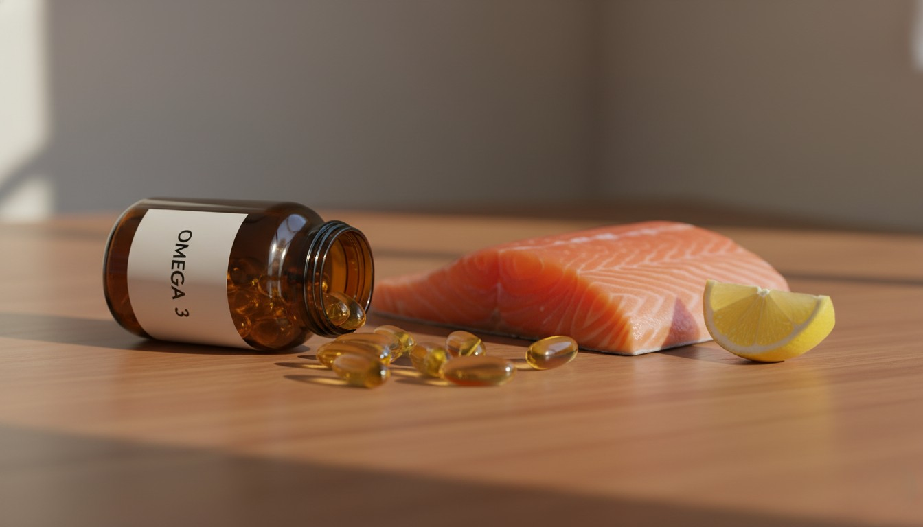 오메가3 캡슐과 연어와 레몬이 테이블 위에 놓인 사진