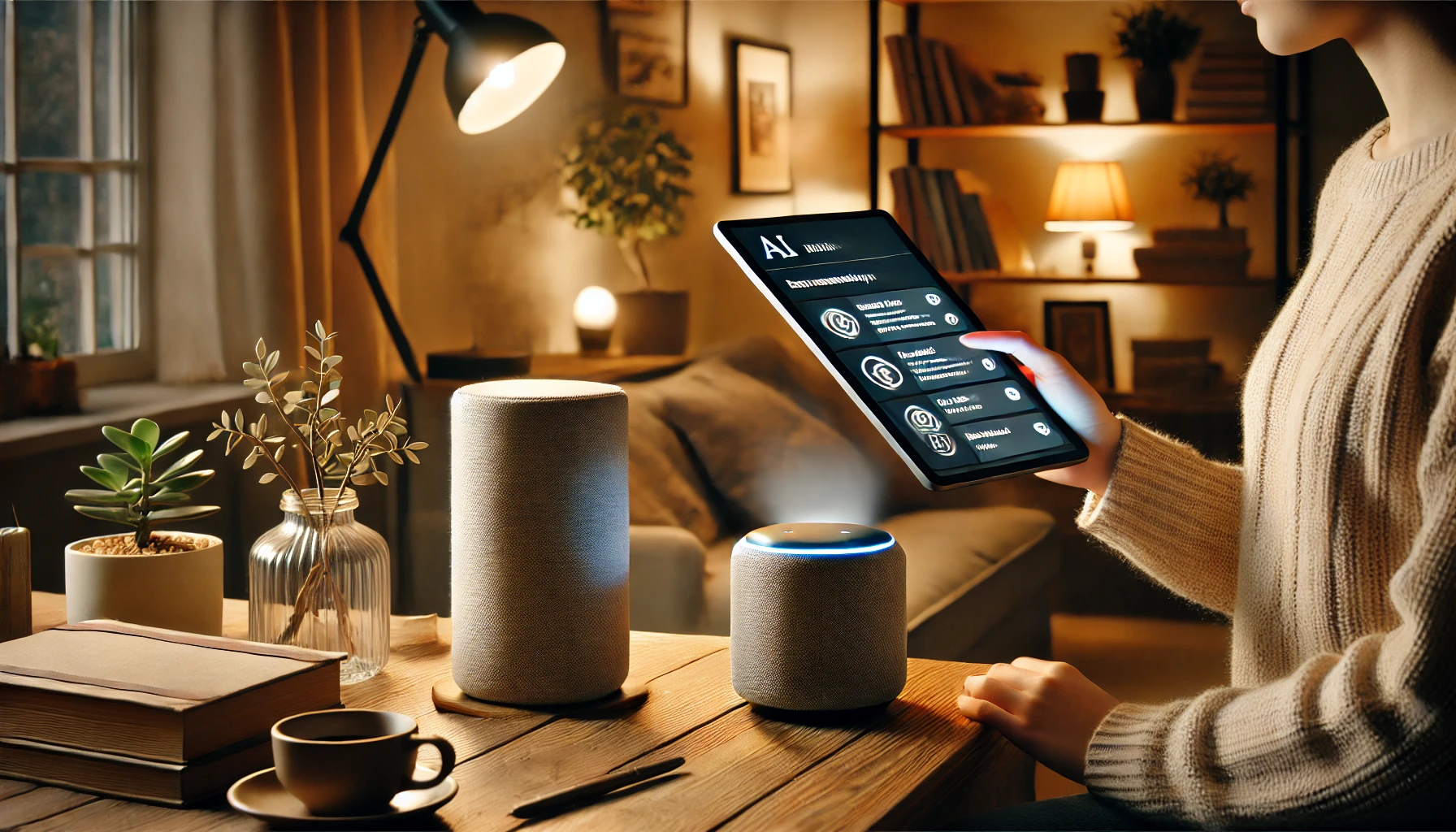스마트 스피커, 로봇 청소기 등 AI가 가정에서 활용되는 모습