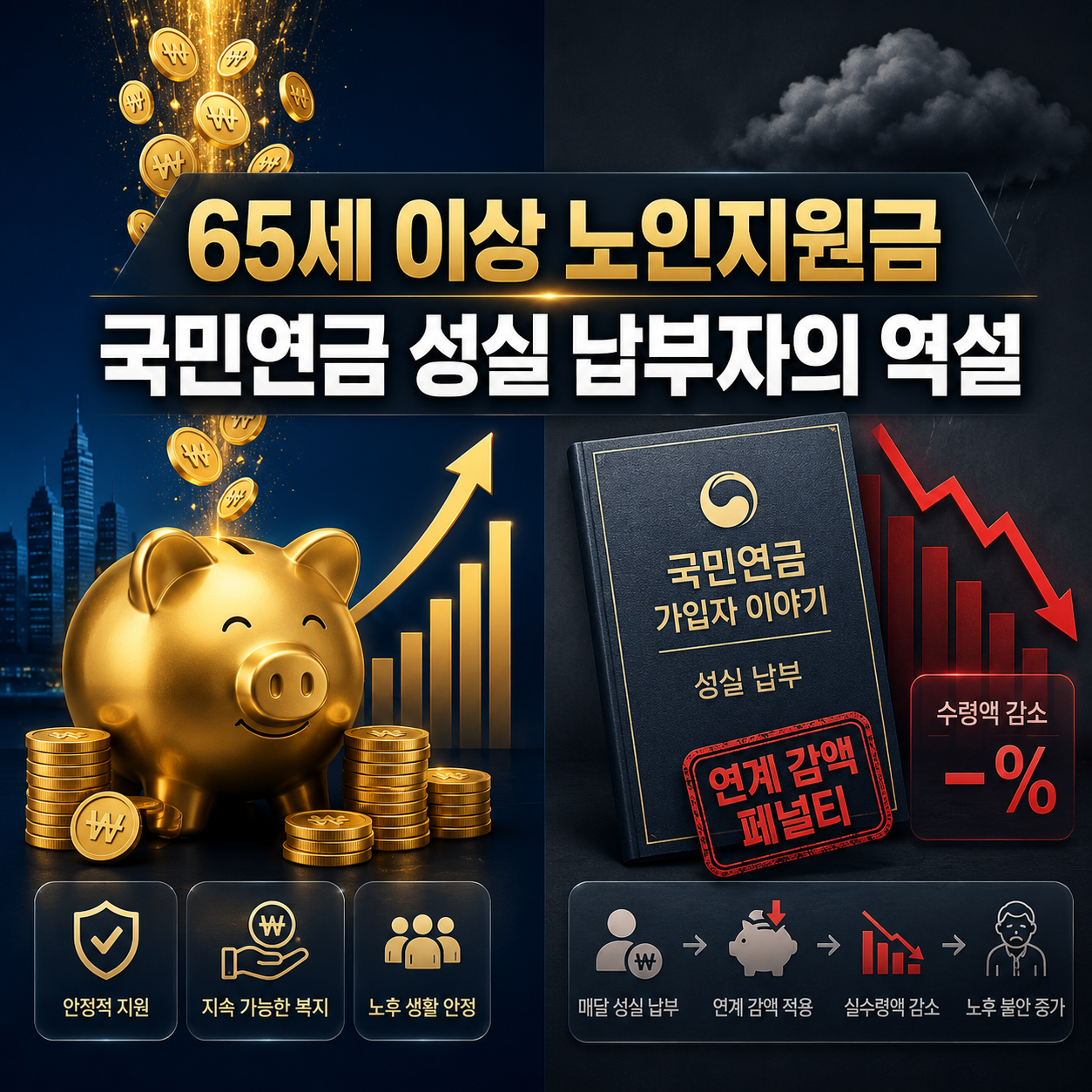 황금 돼지저금통과 하락하는 국민연금 그래프를 대비해 노인지원금과 성실 납부자의 연금 감액 역설을 표현한 금융 인포그래픽.