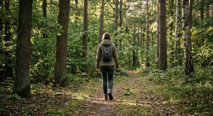 디지털 디톡스를 위해 숲길을 산책하며 휴식을 취하는 모습