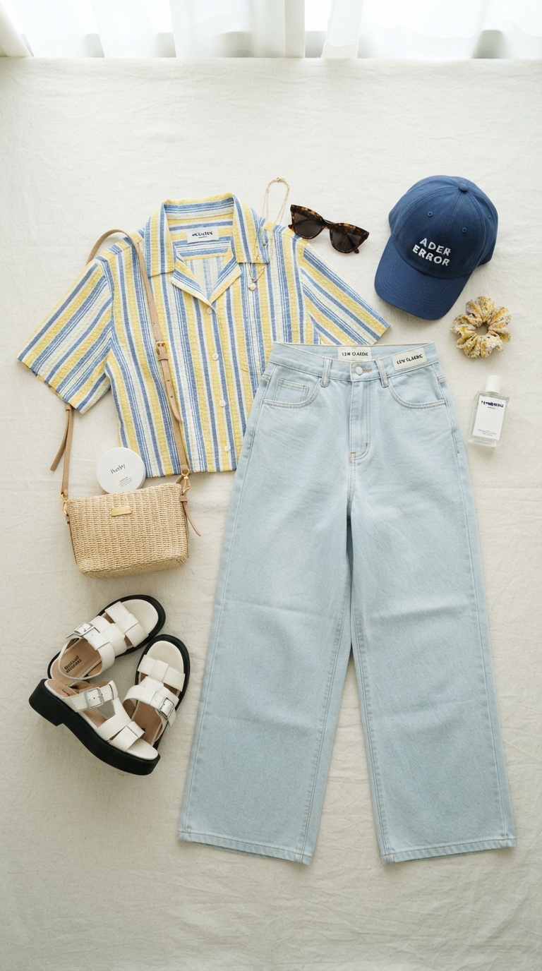 Fashionable outfit flat lay featuring colorful striped shirt in yellow and blue tones paired with wide-leg pants, summer fashion editorial style, bright clean background