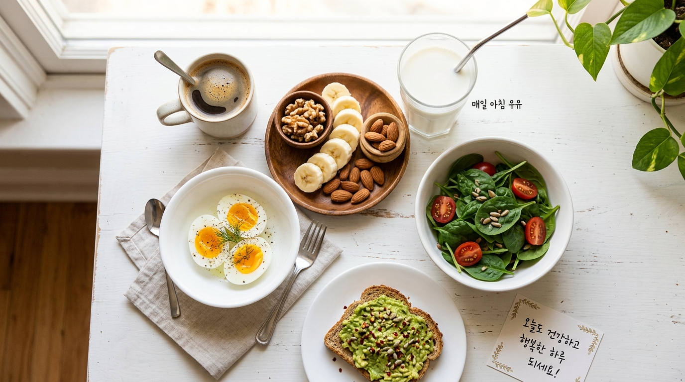 트립토판이 풍부한 식품 &mdash; 달걀 바나나 견과류 우유가 놓인 식탁 사진