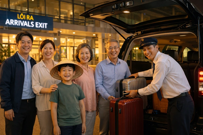 다낭국제공항 도착장 출구 앞에서 한국인 가족이 전용 픽업 밴 옆에 서 있고, 기사님이 캐리어를 싣는 모습을 보이며 편안하게 공항 이동을 시작하는 장면