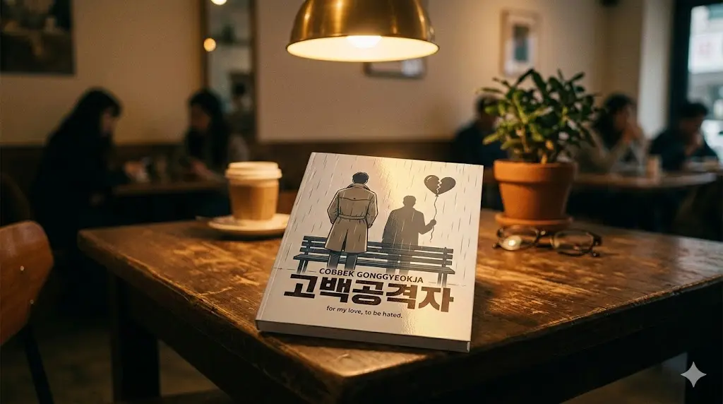 고백공격자 도서 표지와 감성적인 카페 조명이 어우러진 연출 사진