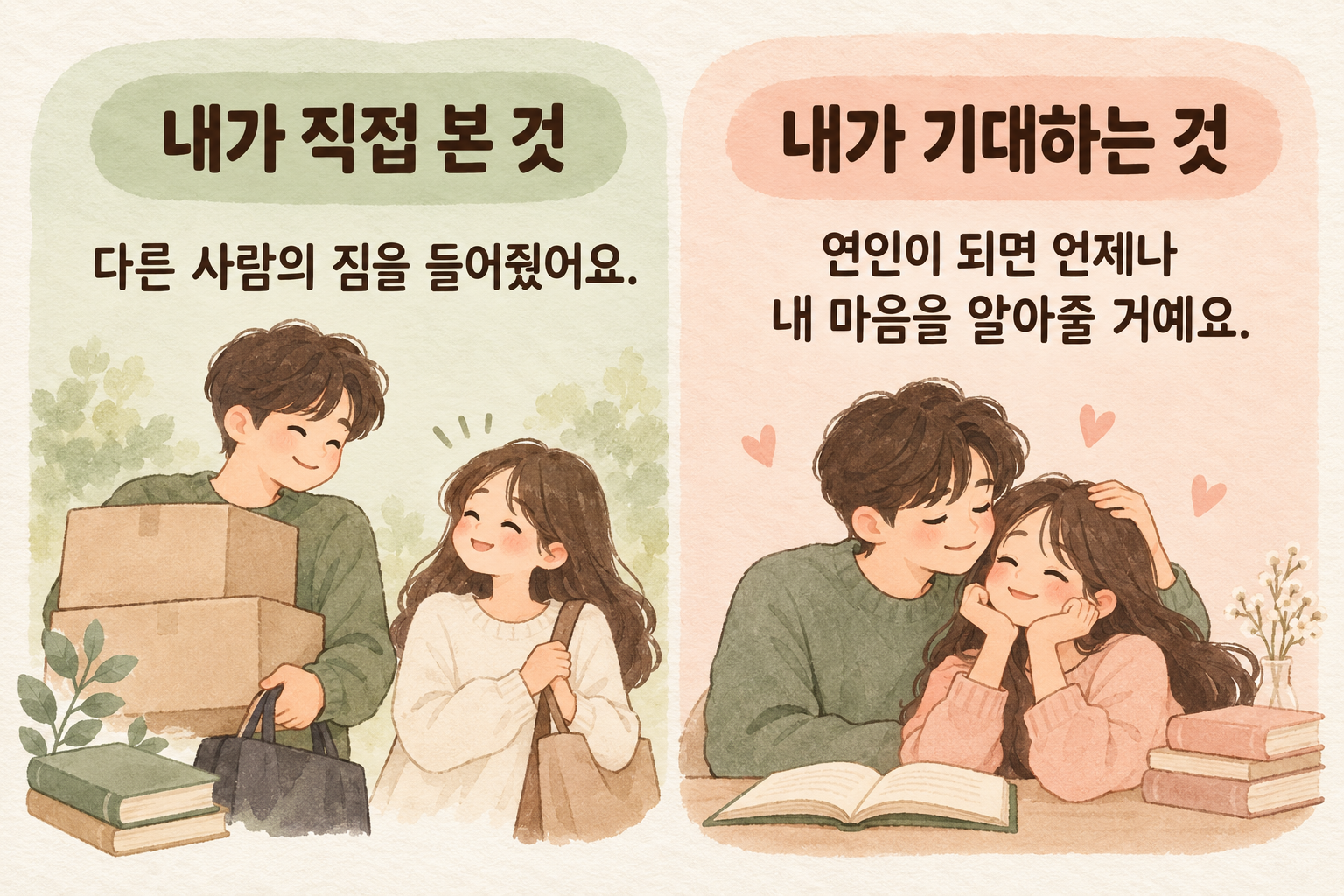 내가 직접 본 것: 다른 사람의 짐을 들어줬어요. 내가 기대하는 것: 연인이 되면 언제나 내 마음을 알아줄 거예요.
