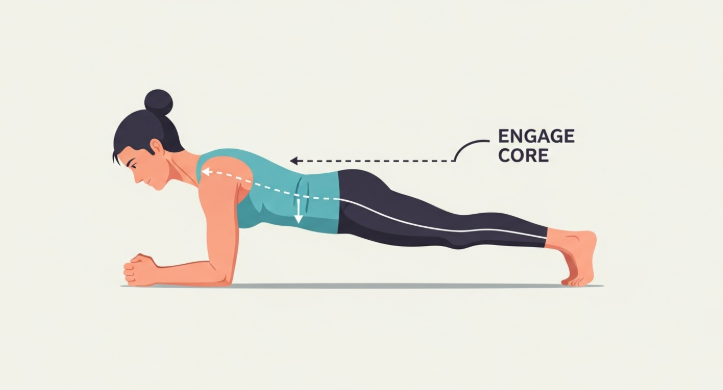 플랭크의 정확한 자세를 보여주는 일러스트. 머리부터 발끝까지 일직선을 유지하며 코어에 힘을 주고 있습니다.