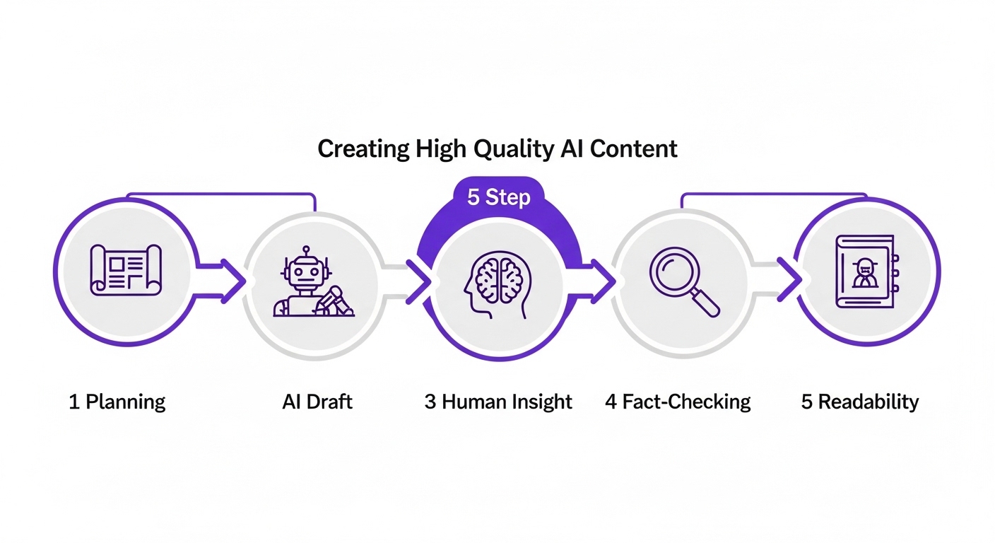 고품질 AI 콘텐츠 제작을 위한 5단계 전략을 나타내는 순서도 이미지