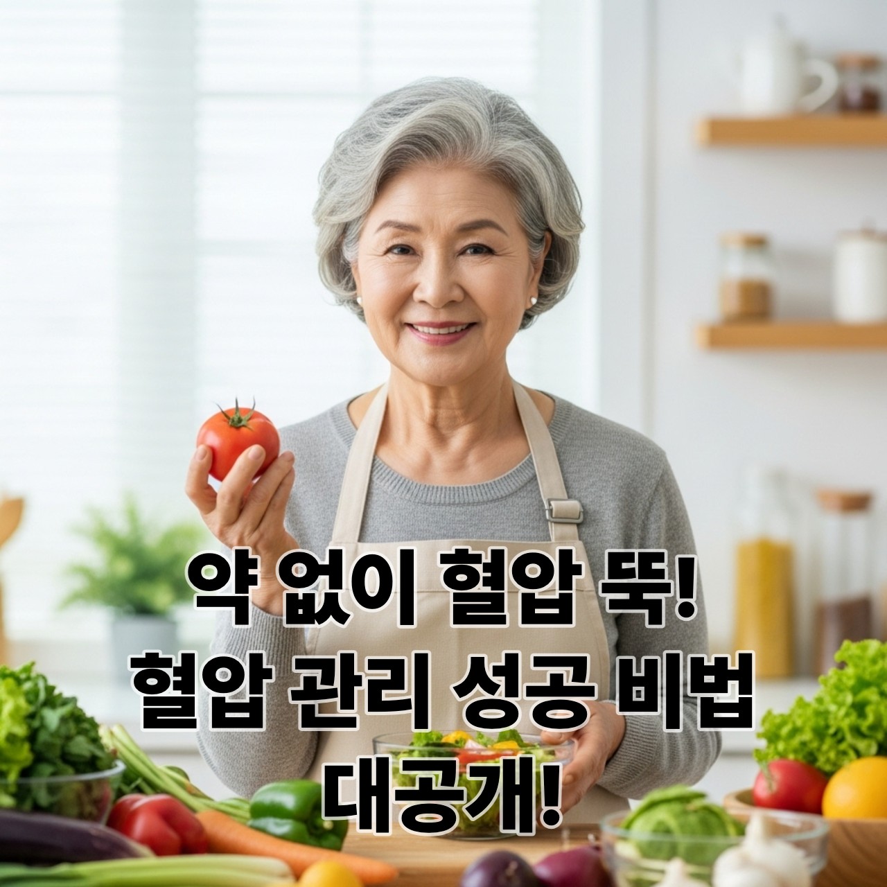 약 없이 고혈압 관리에 성공한 60대 한국인 시니어 여성이 건강한 식단을 준비하는 모습