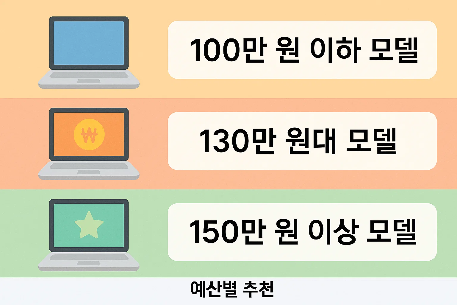 100만 원 이하, 130만 원대, 150만 원 이상 구간별로 성능 대비 추천 모델을 분류한 2025년 예산 가이드형 인포그래픽.