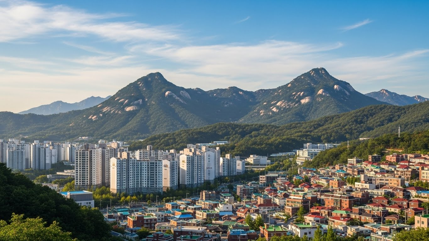 북한산을 배경으로 한 정릉동 전경