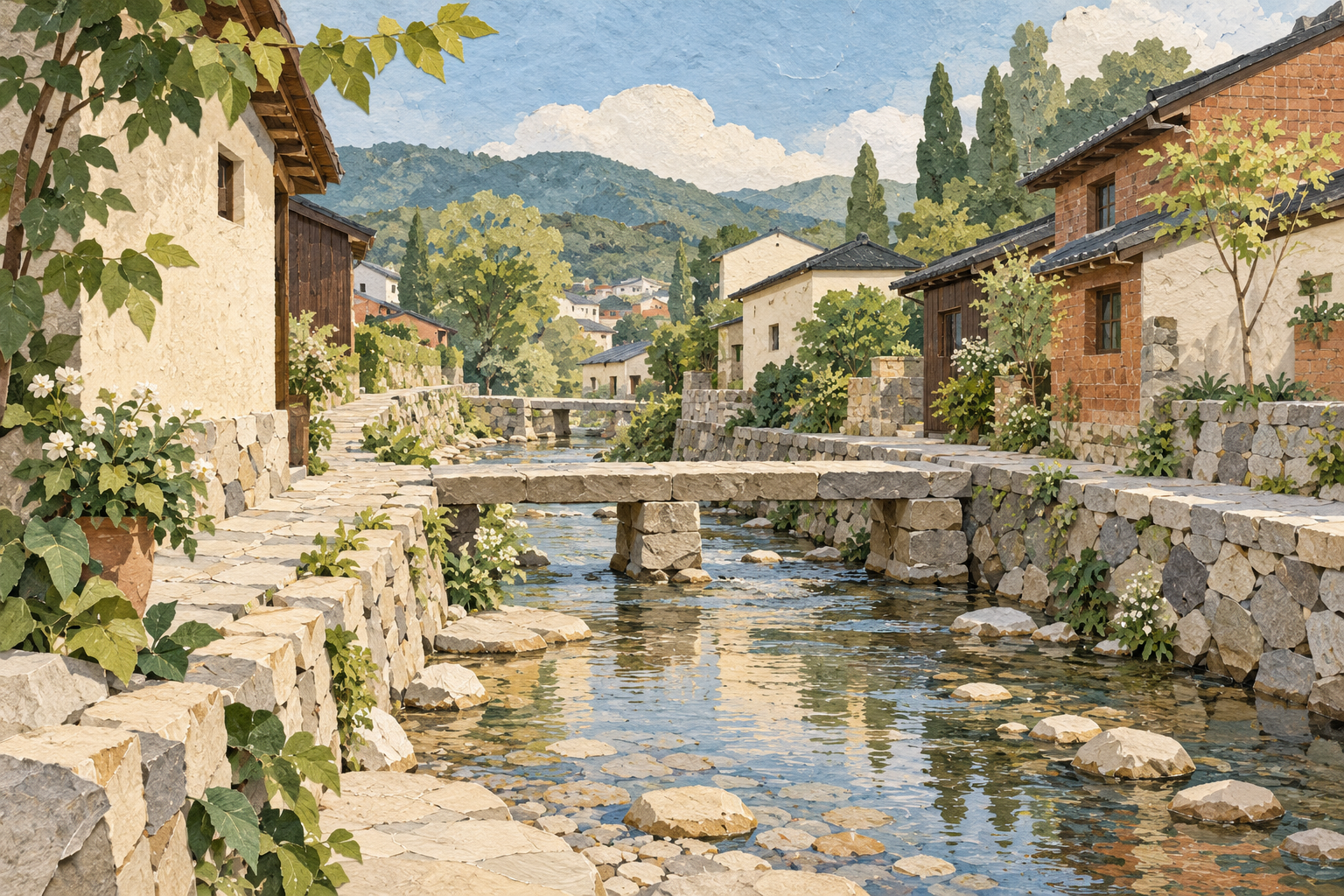 A paper-and-gouache illustration of a shallow reflective stream with pale stones and low stone footbridges between leafy cream and brick buildings.