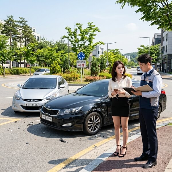 회전교차로에서 교통사고 발생으로 보험사 직원과 상담하고 있는 모습