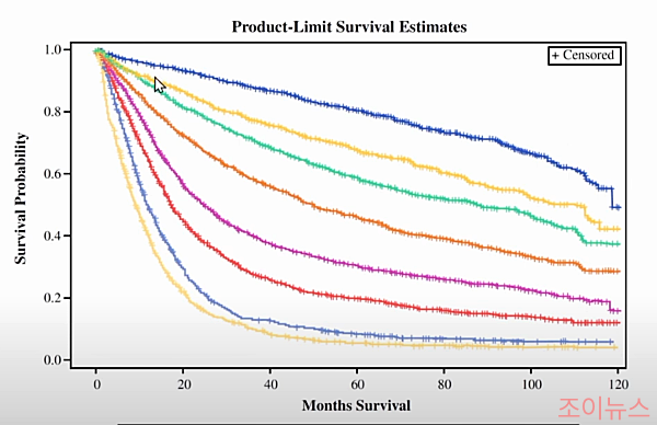 위암 병기에 따른 발생률 대비 생존율을 나타낸 그래프