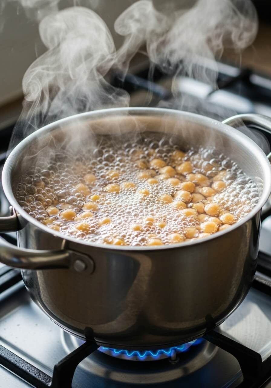 스테인리스 냄비에서 병아리콩을 삶는 모습, 김이 피어오르는 실제 주방 장면, 자연광 연출