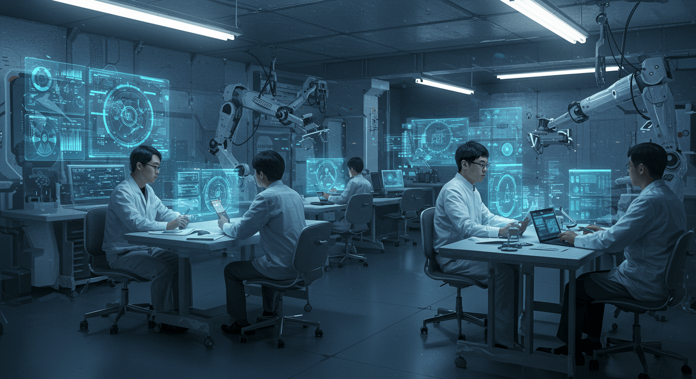 미래적인 연구소에서 AI 기술을 개발하는 한국 연구원들 모습 3