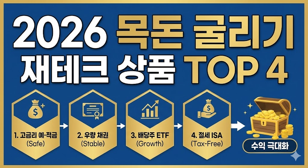 2026년 목돈 굴리기 재테크 상품 TOP 4(예적금, 채권, ETF, ISA)를 인포그래픽으로 정리한 썸네일 이미지