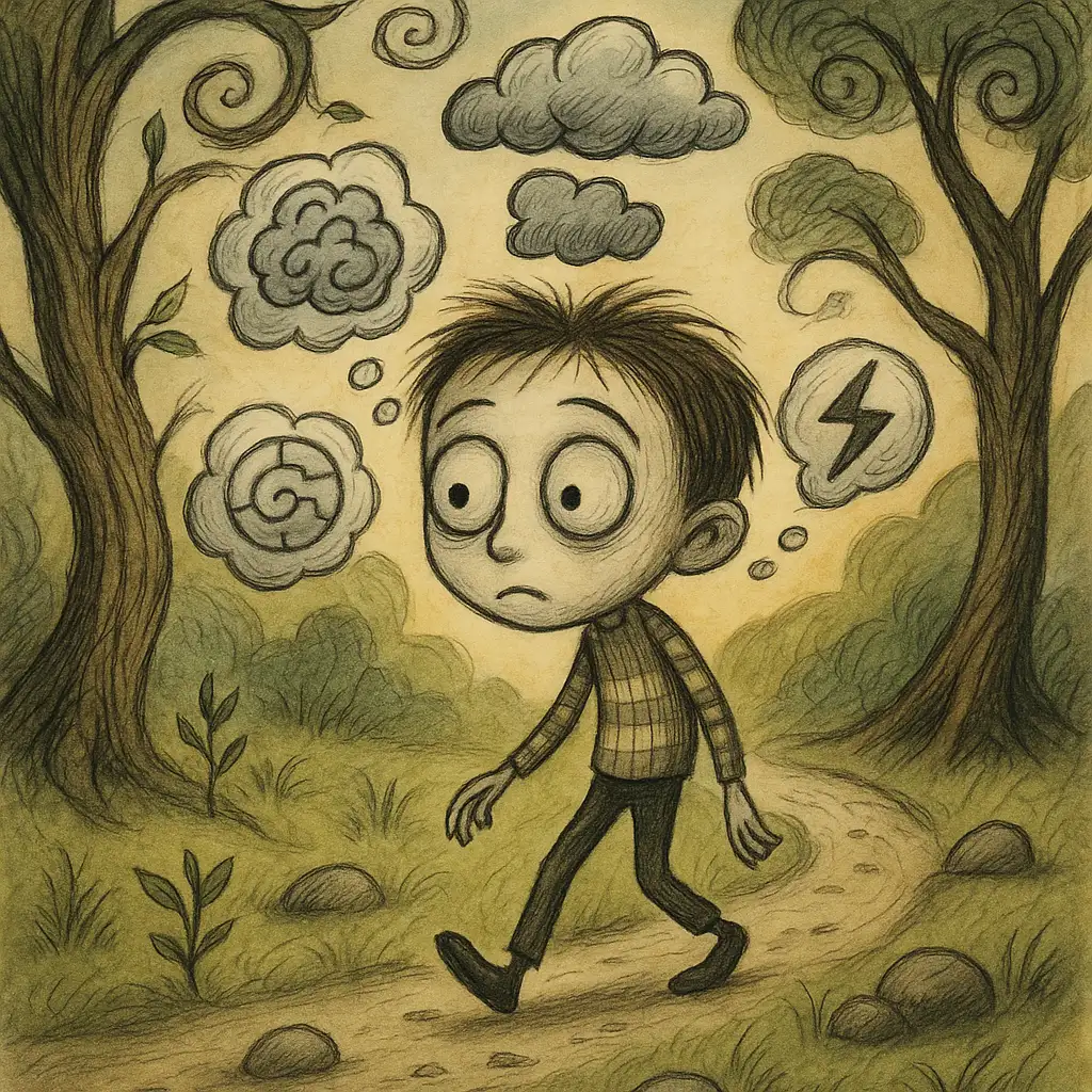 PAWS의 주요 증상인 감정 조절 어려움, 인지 기능 저하, 신체적 증상을 나타내는 개념도 또는 뇌 구조 그림