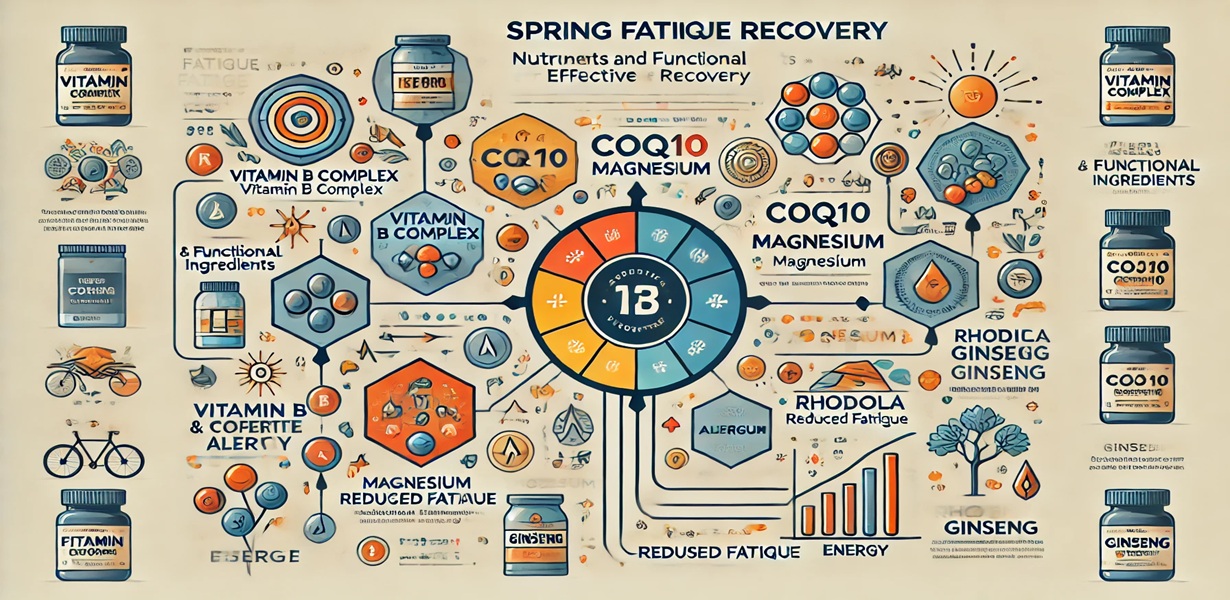 피로 회복에 효과적인 비타민B군, CoQ10, 마그네슘, 로디올라, 홍삼의 효능을 나타낸 인포그래픽
