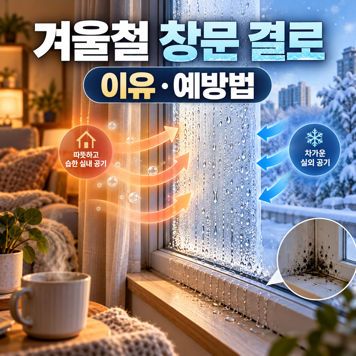 따뜻하고 습한 실내 공기가 차가운 창유리에 닿아 물방울이 맺히는 겨울철 창문 결로의 원리를 표현한 교육용 그림